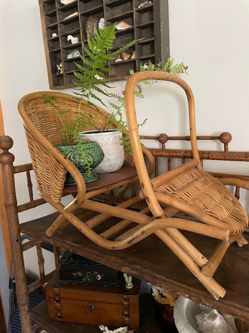 Vintage Bamboo Wicker Doll Chaise Chair Display Piece